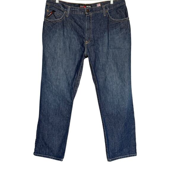 Ariat Jeans Mens 42x30 FR M4 Relaxed Low Rise Boot Cut Dark Wash Denim Work EUC - Picture 1 of 16
